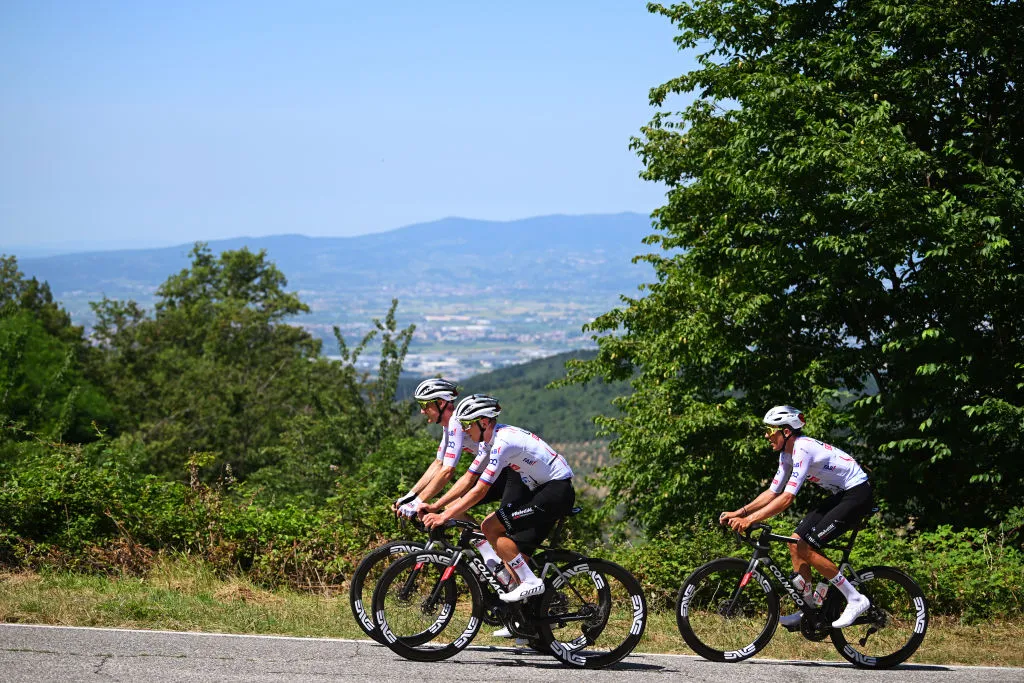 FIRENZE, ITALY - JUNE 28: (L-R) Tim Wellens of Belgium, Tadej Pogacar of Slovenia and Marc Soler of Spain and UAE Team Emirates during the UAE Team Emirates Training prior to the 111th Tour de France 2024 / #UCIWT / on June 28, 2024 in Firenze, Italy.